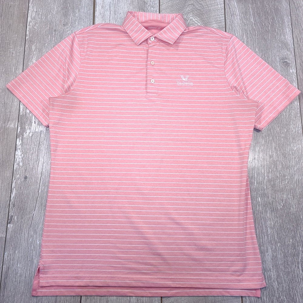 Johnnie-O Polo Shirt Mens Large Pink Striped Valhalla Golf Club Short Sleeve